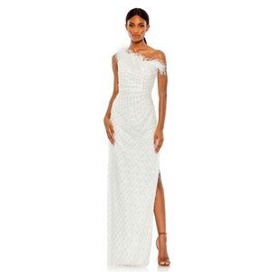 Mac Duggal Embellished One Shoulder Ostrich Feathers Long Gown